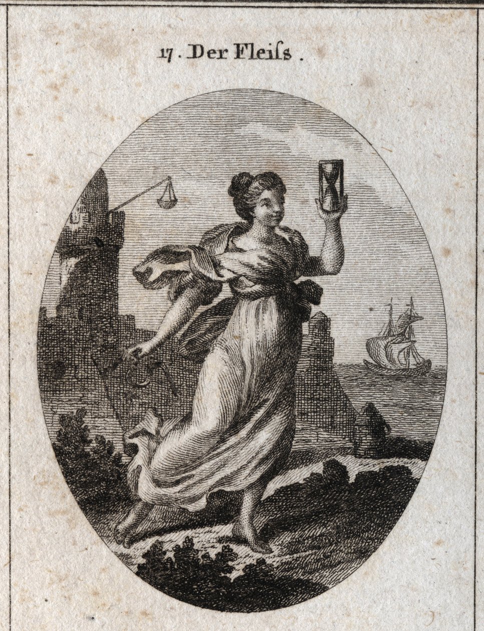 Allegory of diligence represented walking fast. Its attributes are the hourglass and the spur symbol of activity and accuracy. Engraving in 