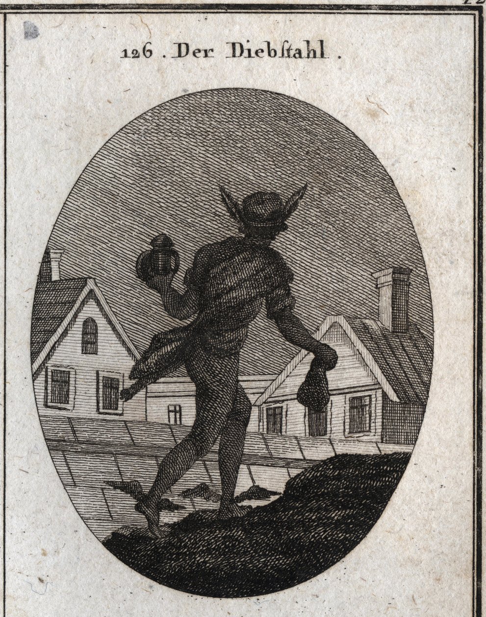 Allegory of theft represented by a man walking in the night with a deaf lantern and a purse in his hands. The wings on his feet show he