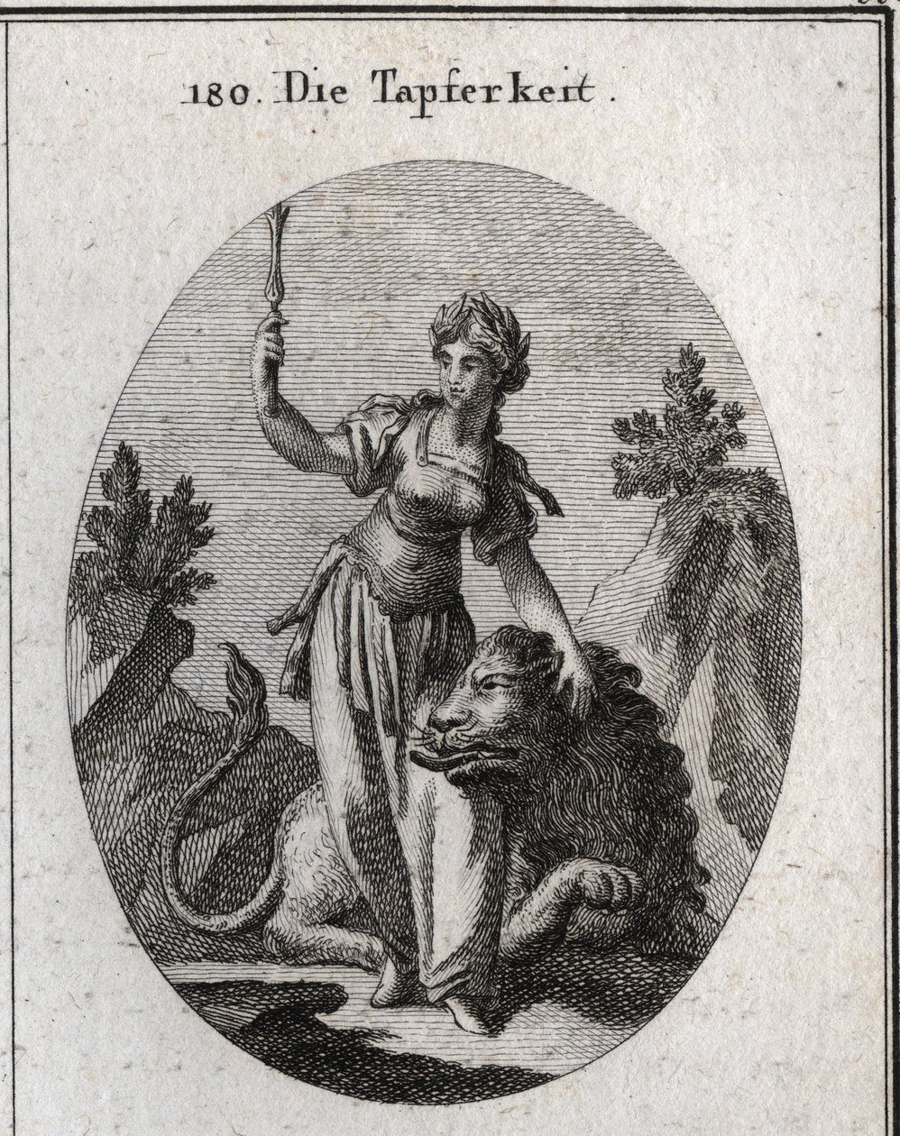 Allegory of value, crowned with laurel, she caresses a lion tamed by her. The high scepter means that her courage makes her worthy of command. Engraving in 