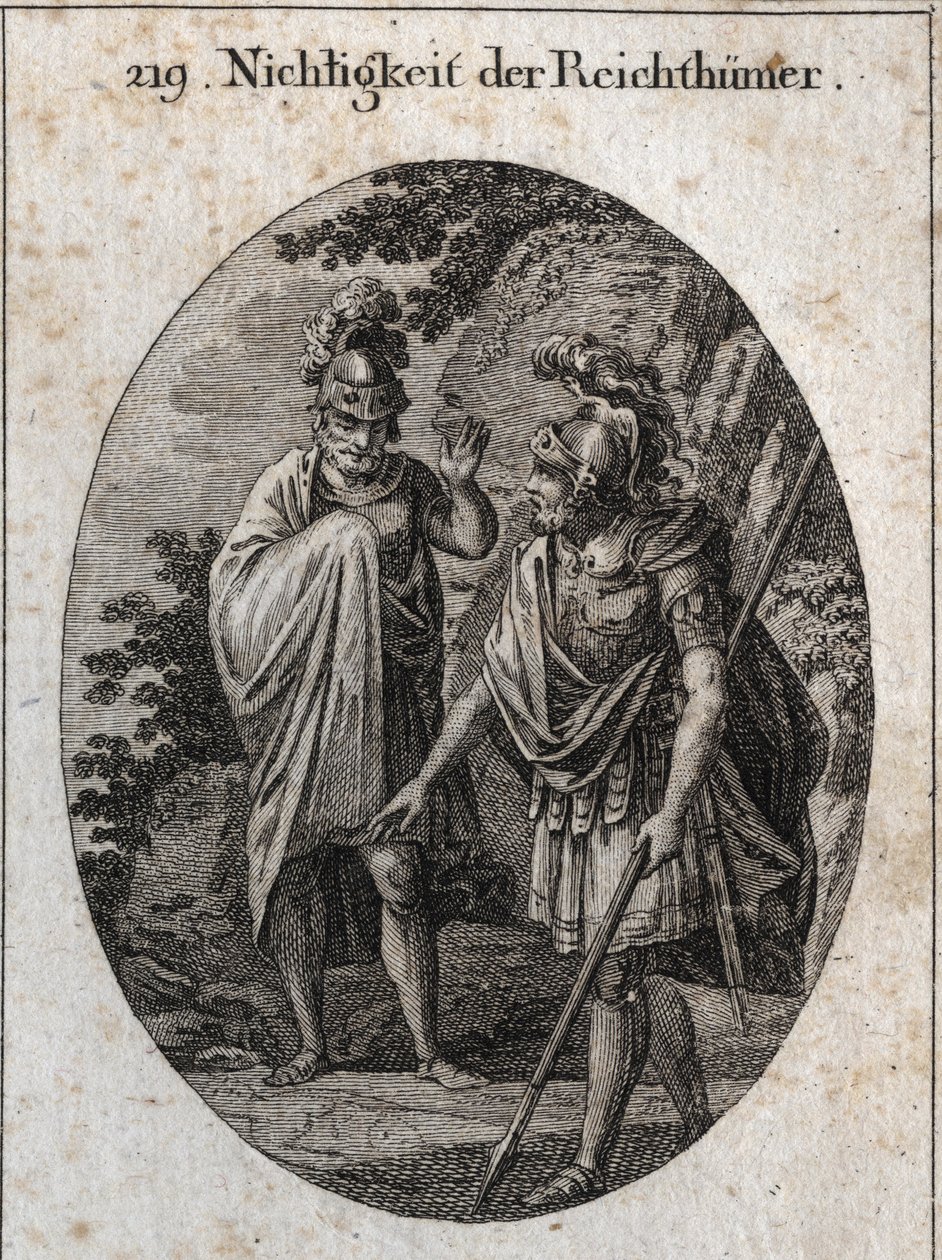 Allegory of vanity of riches: Emperor Constantine The Great traces on earth with his spear a human body and says 