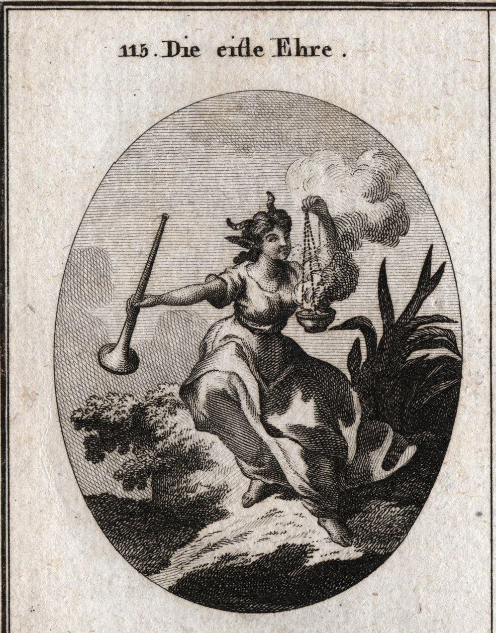 Allegory of Vain Glory Holding a Trumpet and Breathing the Smell of Incense with Satisfaction. Engraving in 
