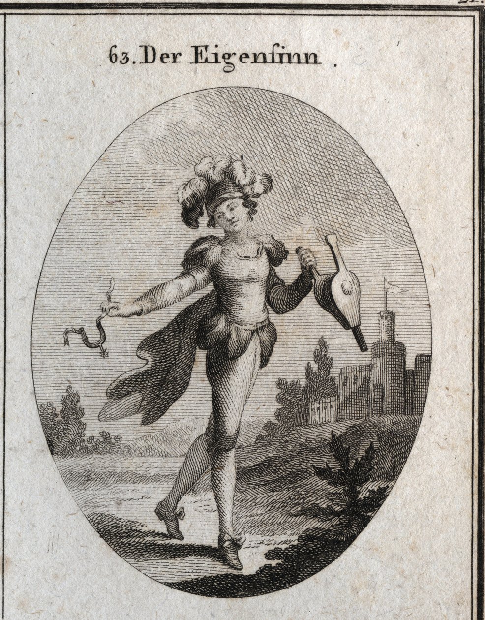 Allegory of whim. His costume and feathers mark the inconstancy of the fantasies of the capricious. The bellows and spur he holds show that he praises both virtue and vice indifferently. Engraving in 