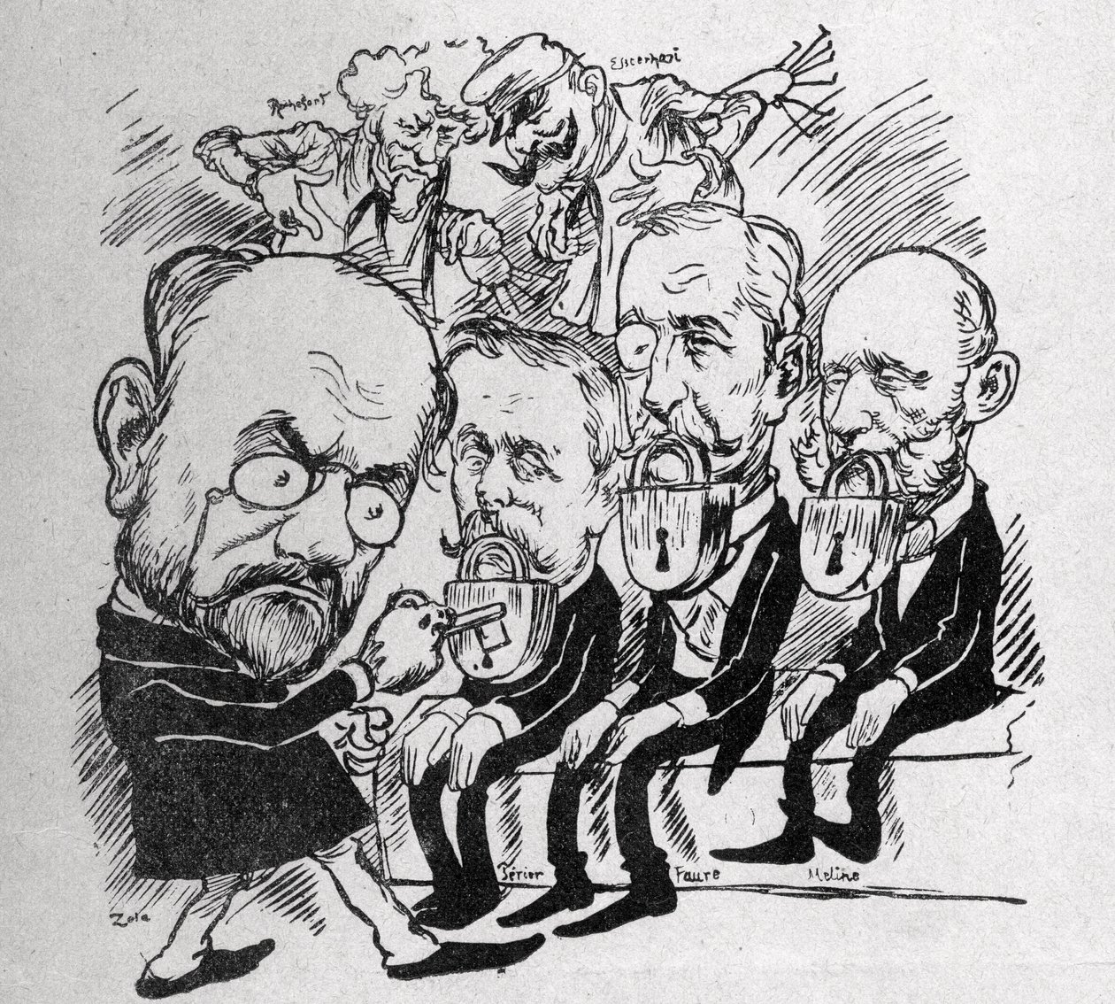 Emile Zola Tries to Unlock the Locks that Close the Mouths of Presidents Jean Casimir-Perier and Felix Faure as well as President of the Council Jules Meline, While in the Background, Henri Rochefort Told Com by Austrian School