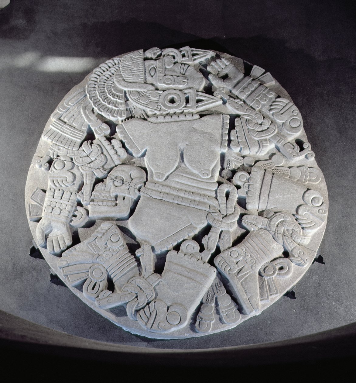 Carving of the dismemberment of the moon goddess Coyolxauhqui, found at the foot of the twin pyramid in Tenochtitlan, Late Post Classic Period (1300-1521) by Aztec