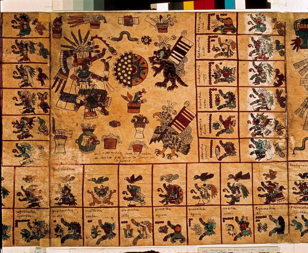 Representation of Aztec deities and boxes corresponding to the calendar. Page of the Aztec manuscript on bark 