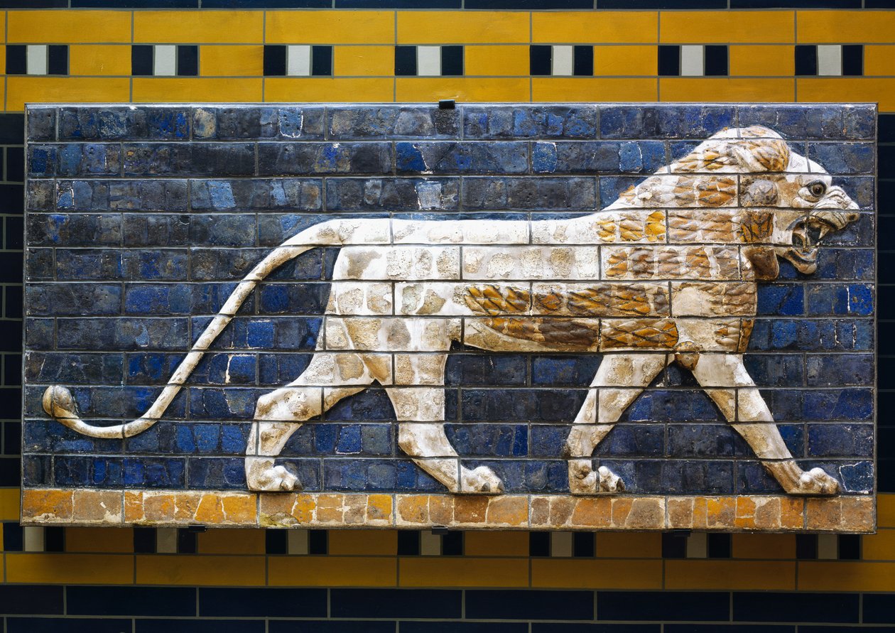 A lion (detail), glazed brick tiles depicting mythological animals that adorned the Processional Way to the Ishtar Gate in Babylon during the reign of Nebuchadnezzar II (604-562 BC) by Babylonian