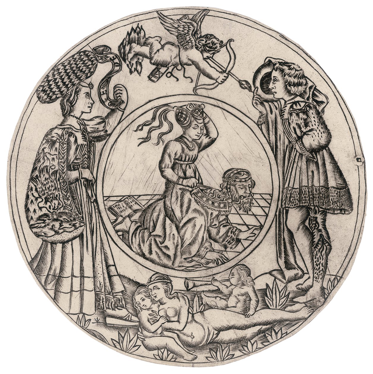 Aristotle and Phyllis, surrounded by a Young Man and Woman with Eros, and a reclining nude Woman with two Children, second half of the 15th century by Baccio (circle of) Baldini