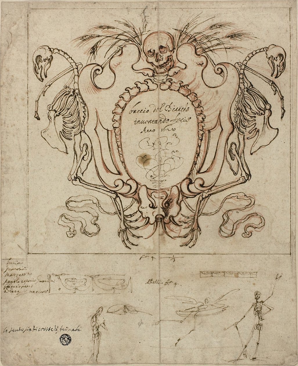 Funereal Cartouche with Inscription and Sketches of Skeletons and Ornamental Details by Baccio del Bianco