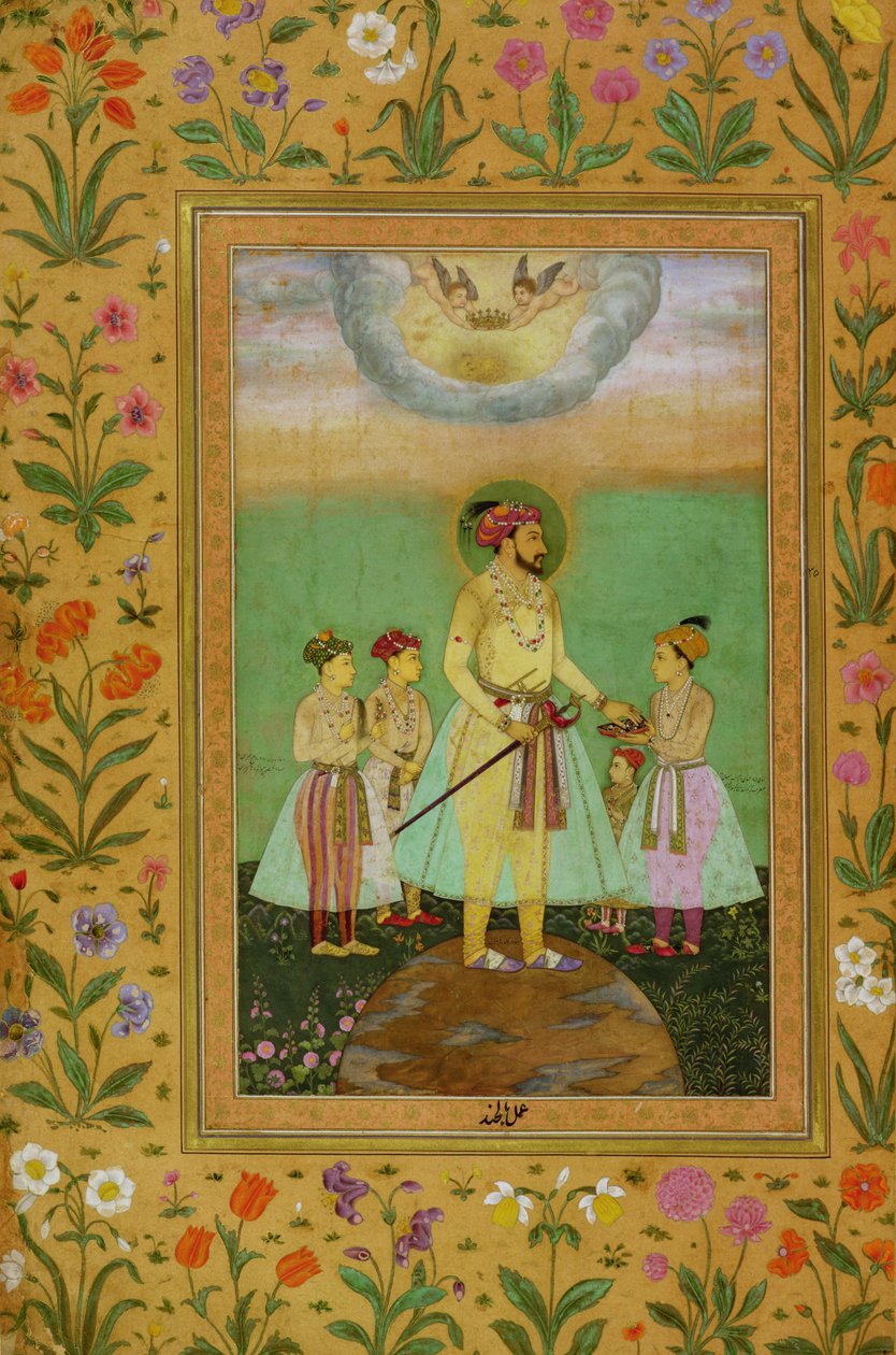 Shah Jahan (1592-1666) Stands on a Large Globe Surrounded by his Four Children, from the Minto Album by Balchand
