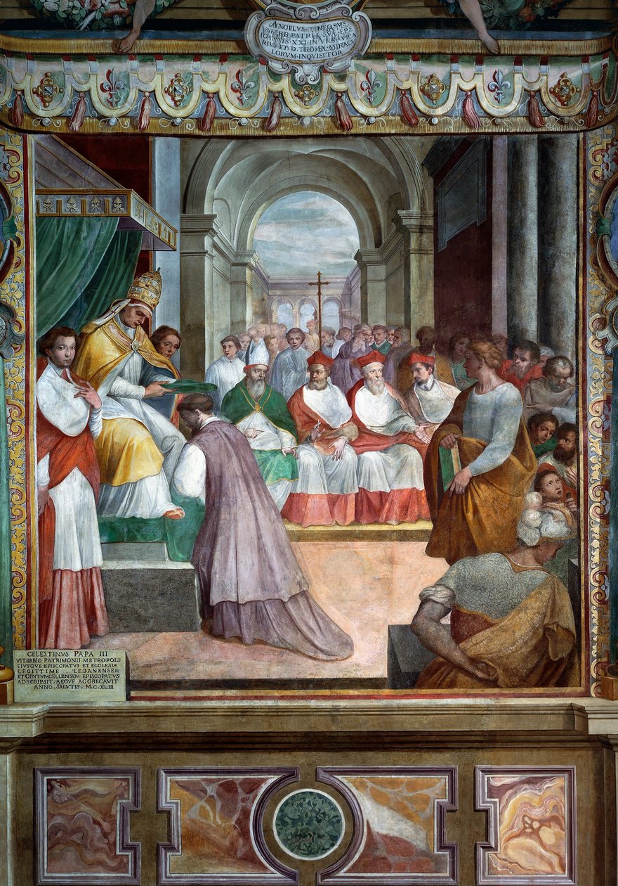 Celestine III consecrating first bishop of Viterbo in 1192, detail of frescoes by Baldassare Croce by Baldassare Croce