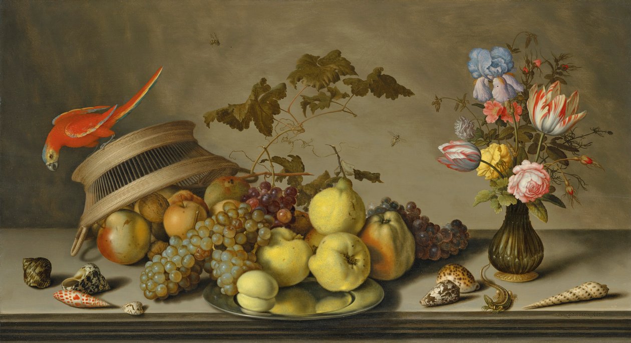 A Parakeet on an Upturned Basket, with Fruit, a Pewter Plate, a Vase of Flowers, Insects, a Lizard and Shells on a Stone Ledge by Balthasar van der Ast
