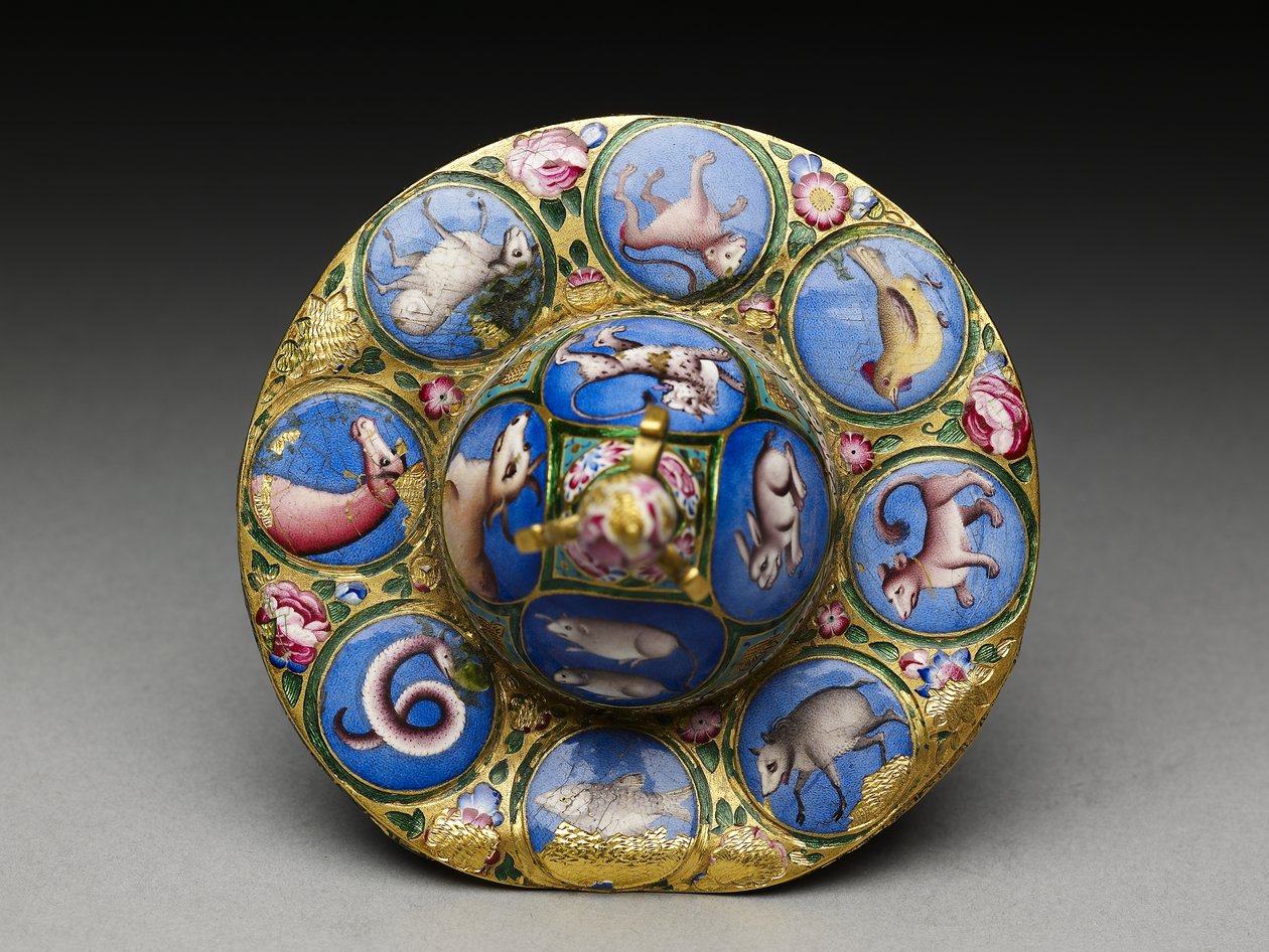 Lidded Bowl, Saucer and Spoon with Astrological Decoration by Baqir