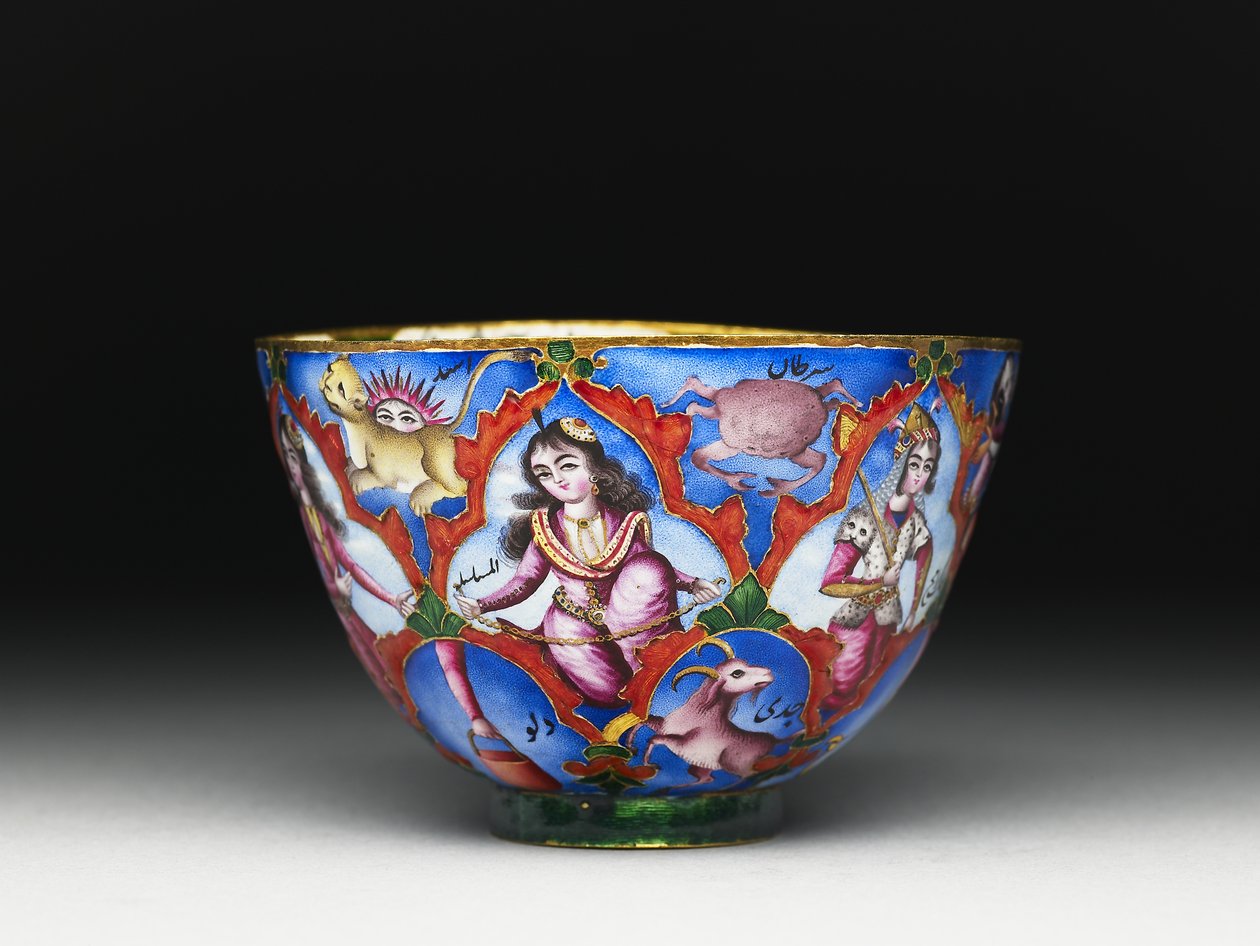 Lidded Bowl, Saucer and Spoon with Astrological Decoration by Baqir