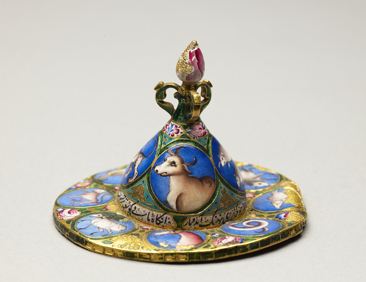 Lidded bowl, saucer and spoon with astrological decoration by Baqir