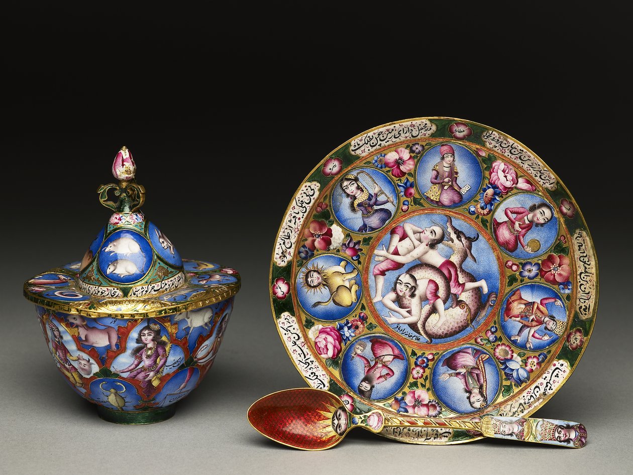 Lidded Bowl, Saucer and Spoon with Astrological Decoration by Baqir