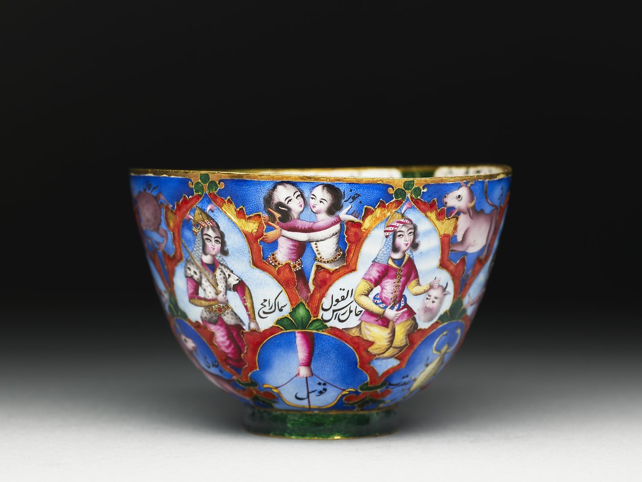 Lidded Bowl, Saucer and Spoon with Astrological Decoration by Baqir