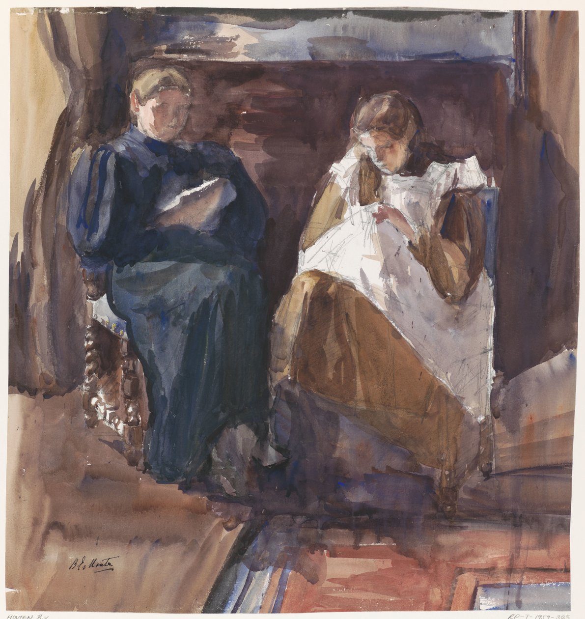 Reading Lady and Embroidering Girl, Seen from the Front, in the House at Riouwstraat 6, The Hague by Barbara Elisabeth van Houten