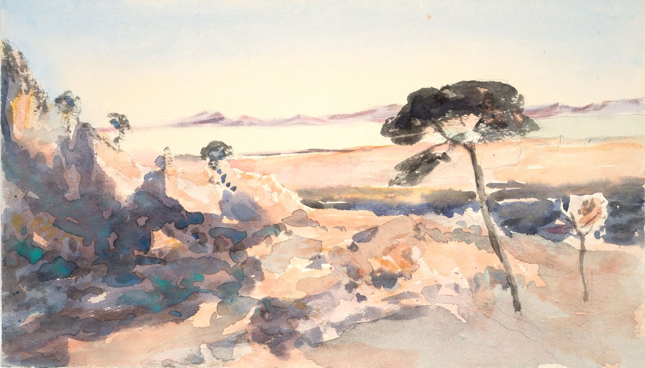 Landscape: Tree with Pink Mountains by Barbara Leigh Smith Bodichon