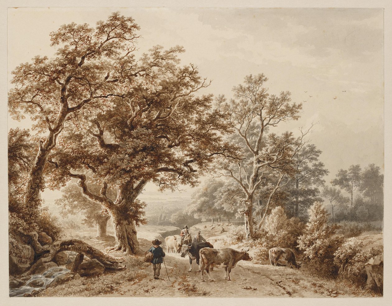 A Landscape with Heavy Oak Furnished with Cattle and Figures by Barend Cornelis Koekkoek