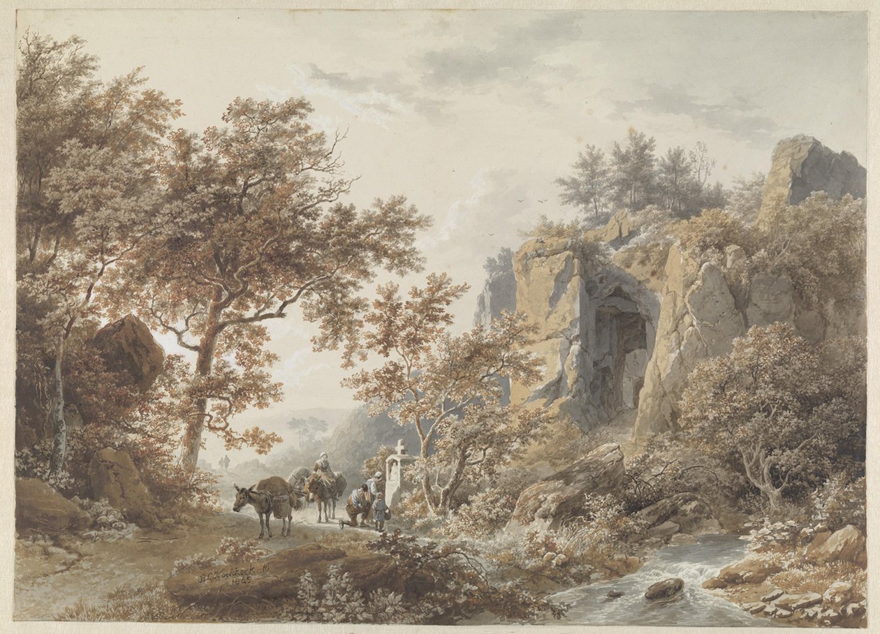 In a Rocky Landscape, Peasants Praying Before a Chapel by Barend Cornelis Koekkoek