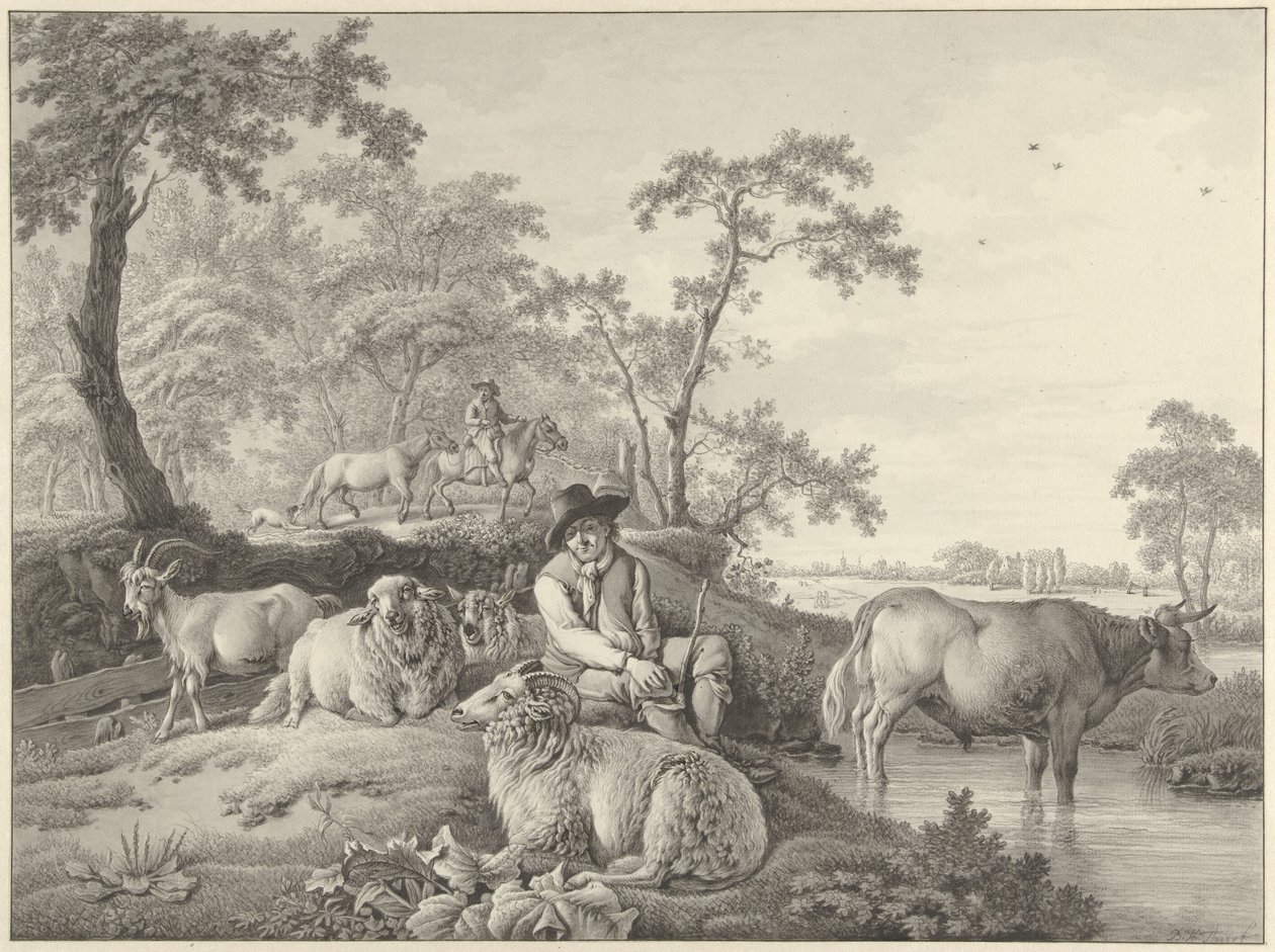 Shepherd with Sheep, a Goat, and a Young Bull in a Landscape by Barend Hendrik Thier