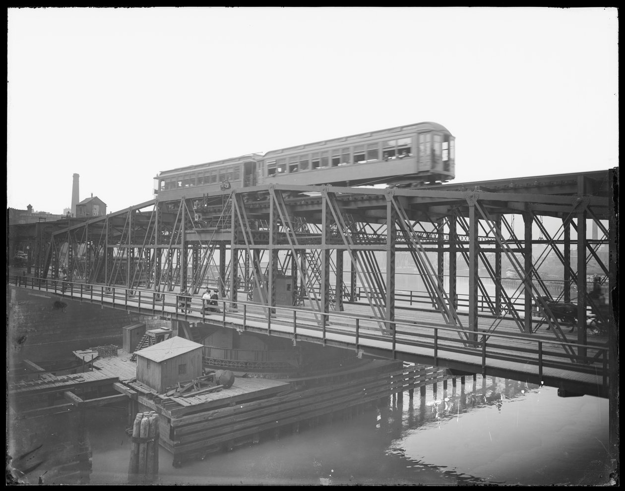 Elevated Train Crossing Wells Street Bridge, Chicago, Illinois, USA, c.1905 by Barnes and Crosby
