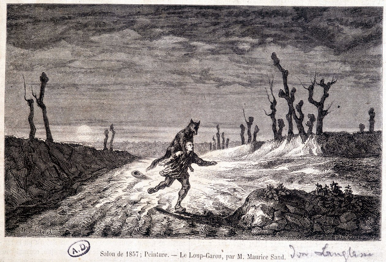 Werewolf attacking a man - from painting by Maurice Sand exhibited at ...