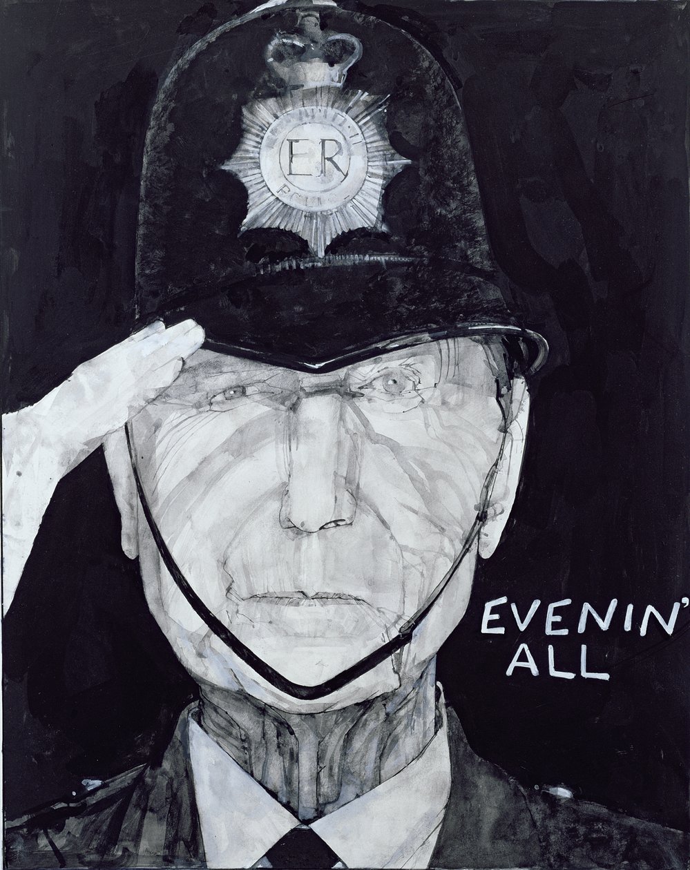Portrait of Jack Warner as Dixon of Dock Green, illustration for The Listener, 1970s by Barry Fantoni