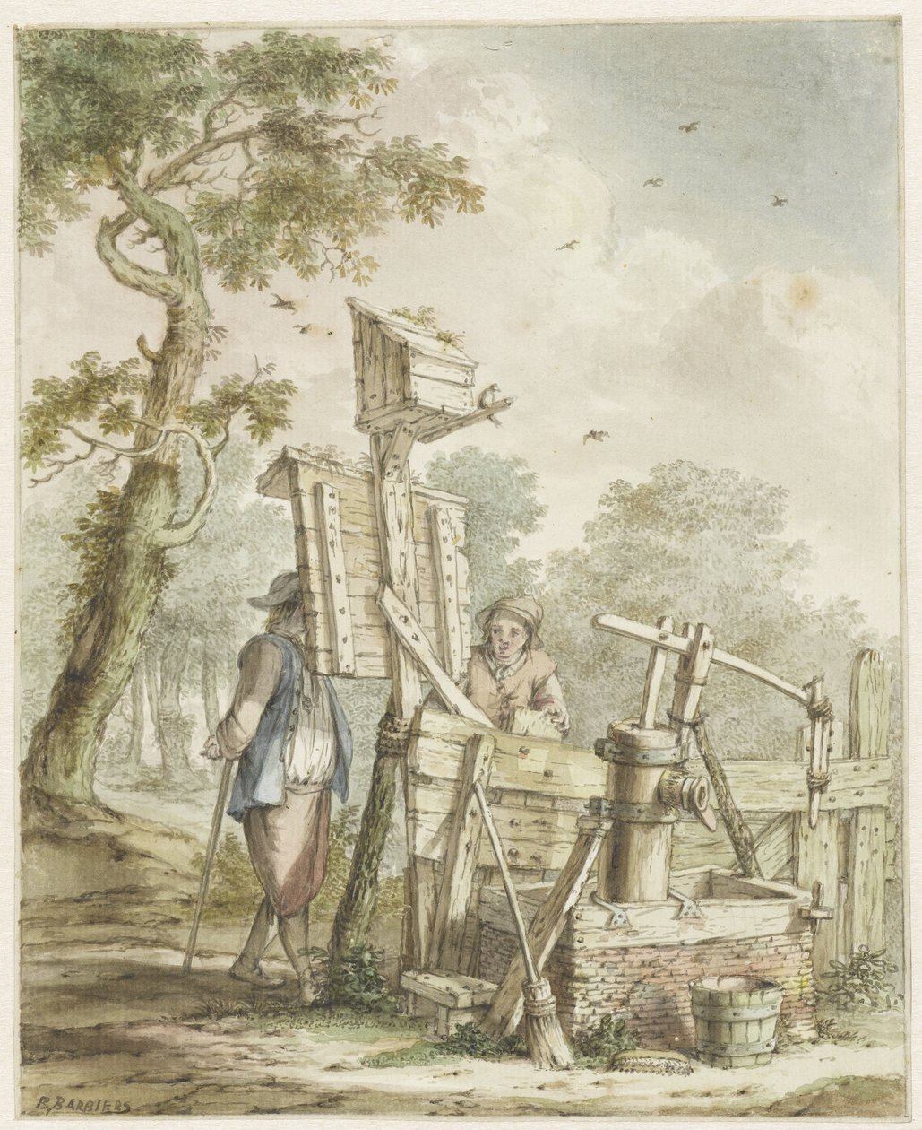 Landscape with Two Men at a Billboard by a Water Pump by Bartholomeus Barbiers