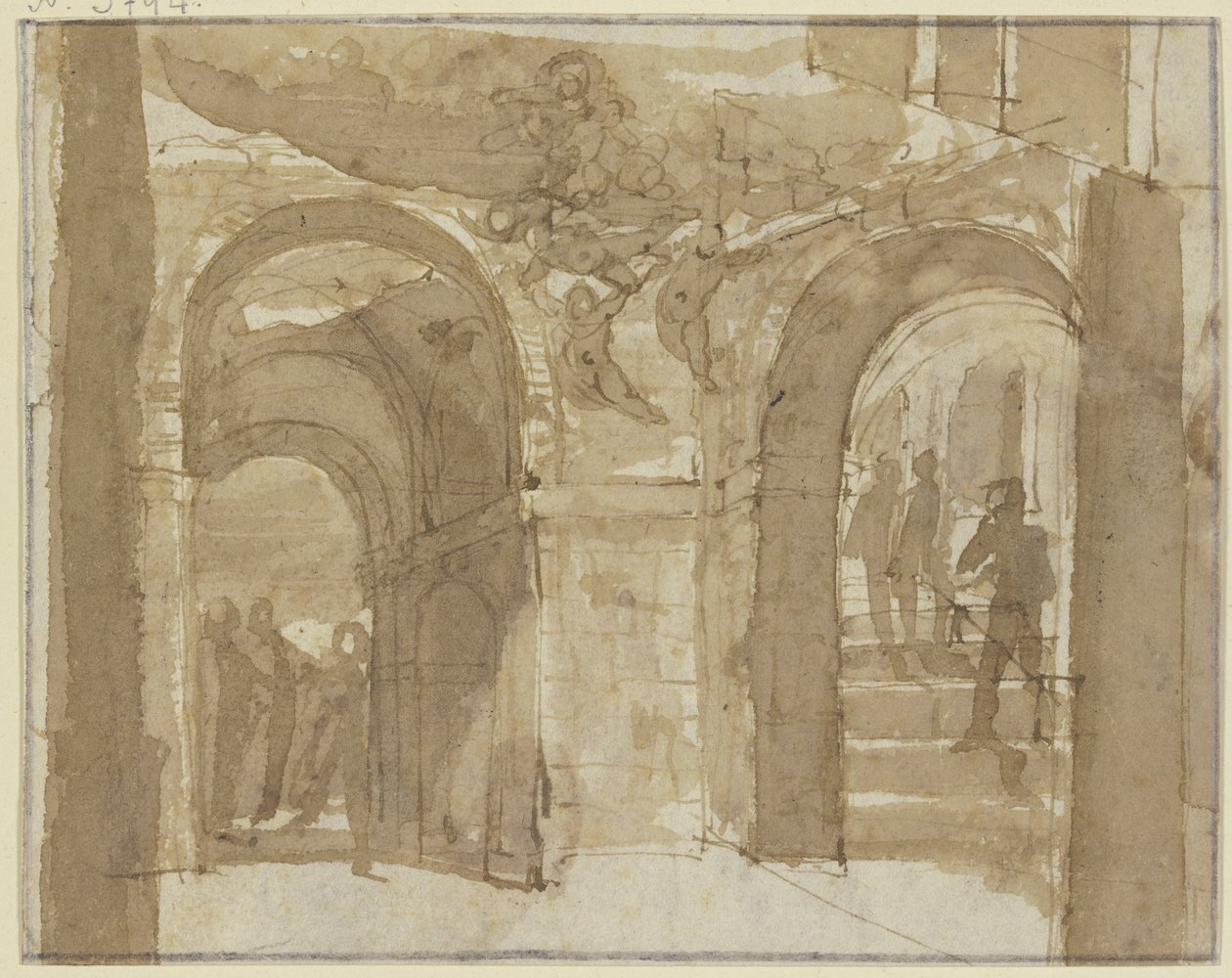 Ancient Vault with Stairs and Several Figures, Above Floats Mary with Angels by Bartholomeus Breenbergh