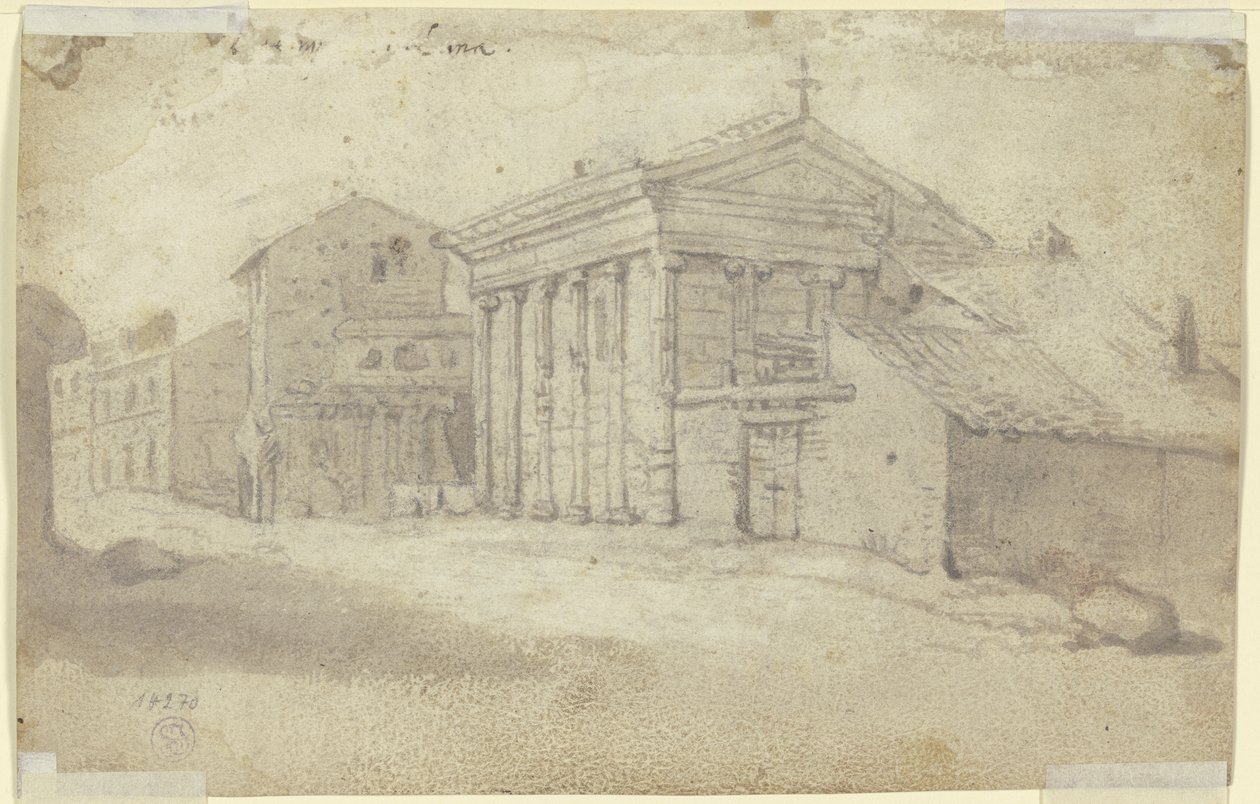 Street with an ancient Ionic temple, now a Christian church with an added colonnade by Bartholomeus Breenbergh