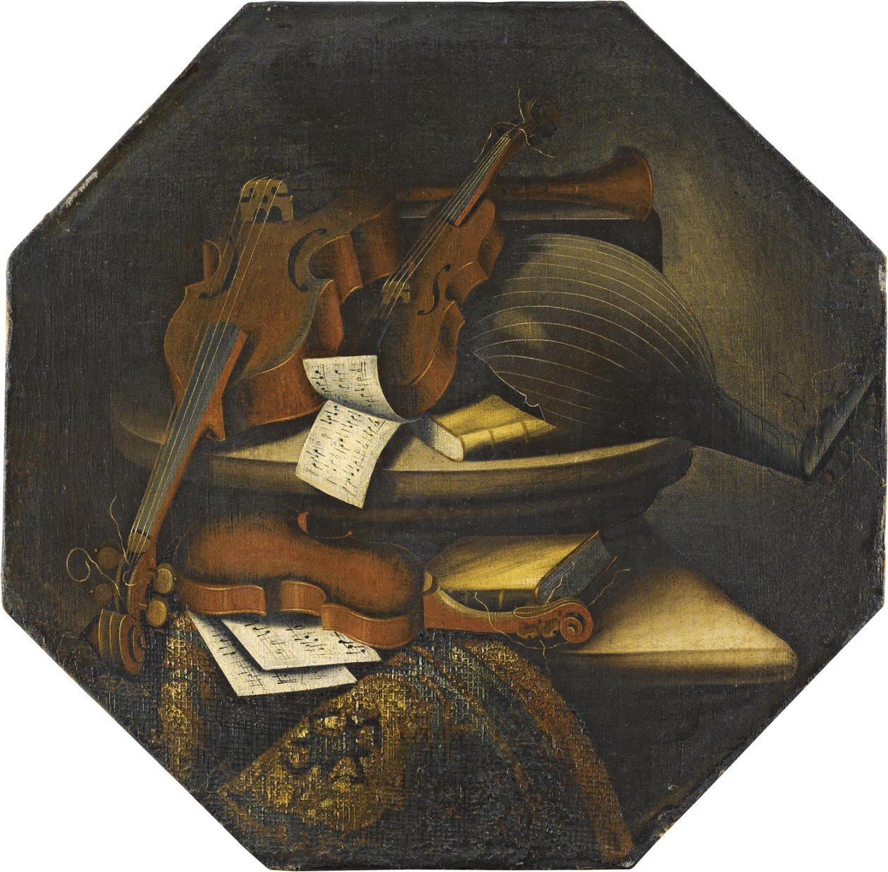 A Still-Life with a Lute, a Violoncello, a Violin, and Musical Scores over a Stone Ledge beside a Carpet by Bartolomeo Bettera