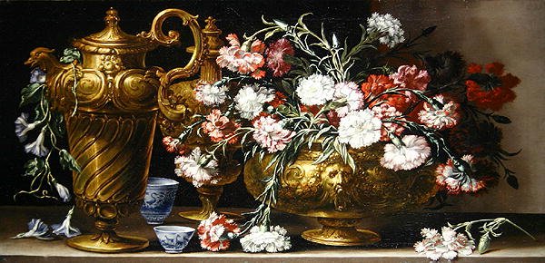 Still Life with Pinks in a Case and a Florentine Ewer on a Ledge by Bartolomeo Bimbi