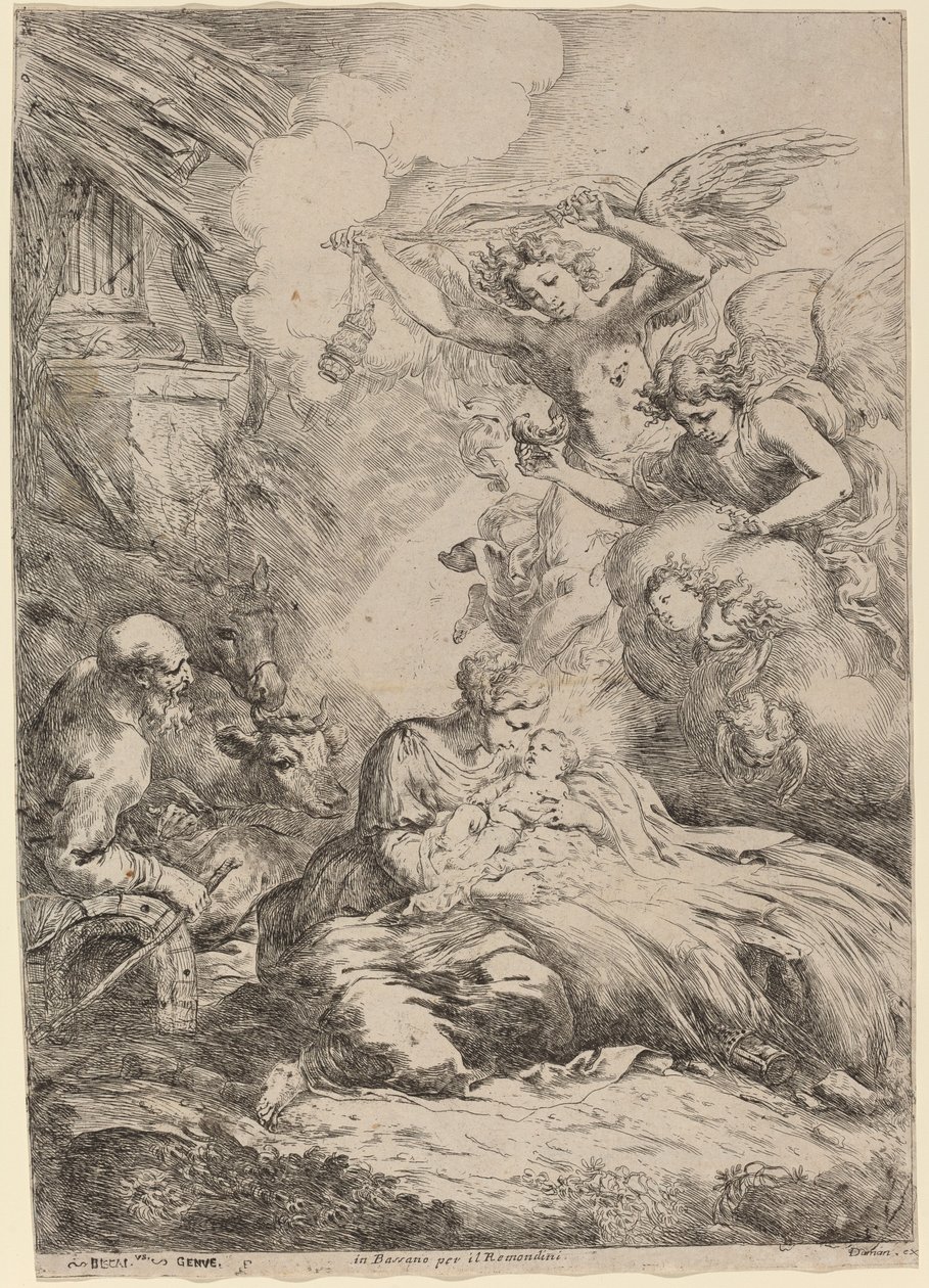 The Holy Family Adored by Angels (The Large Nativity) by Bartolomeo Biscaino