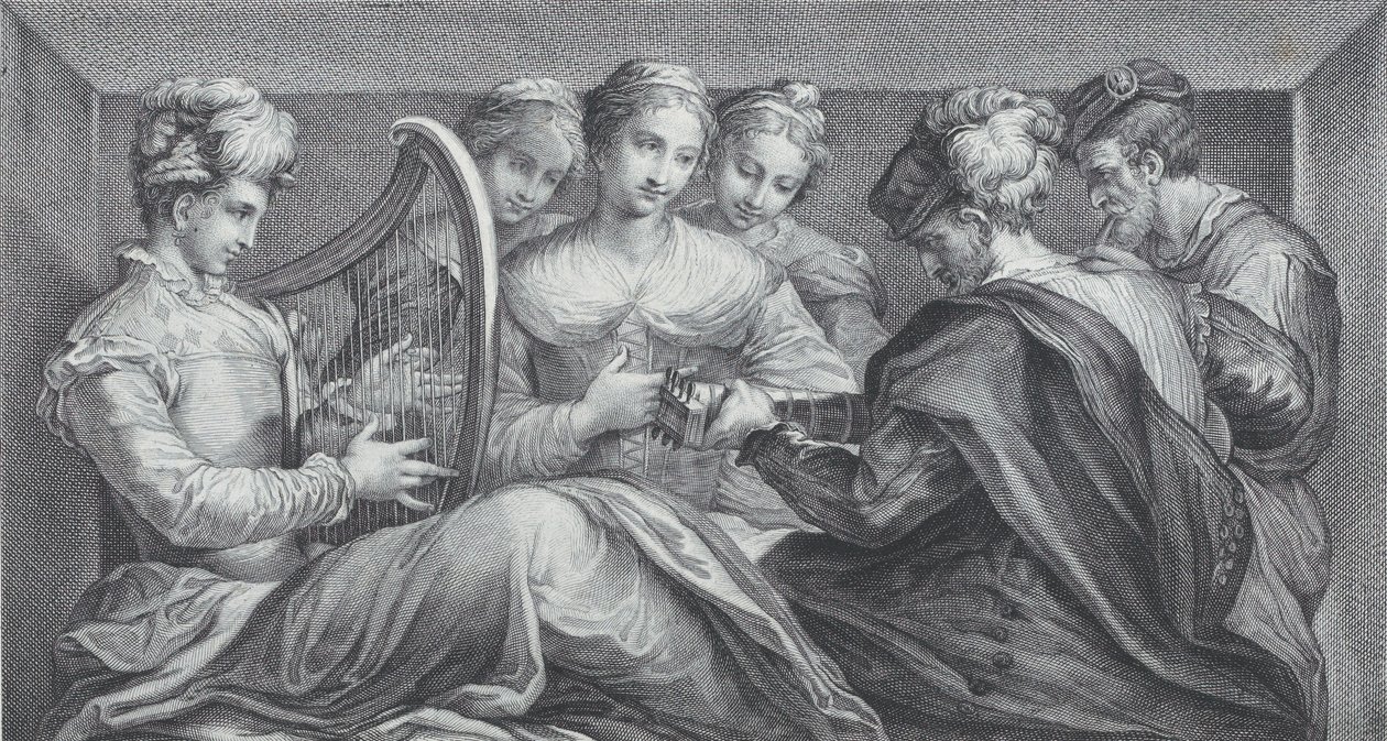 A Group of Elegantly Dressed People Playing the Harp and a Guitar, 1740-68 by Bartolomeo Crivellari