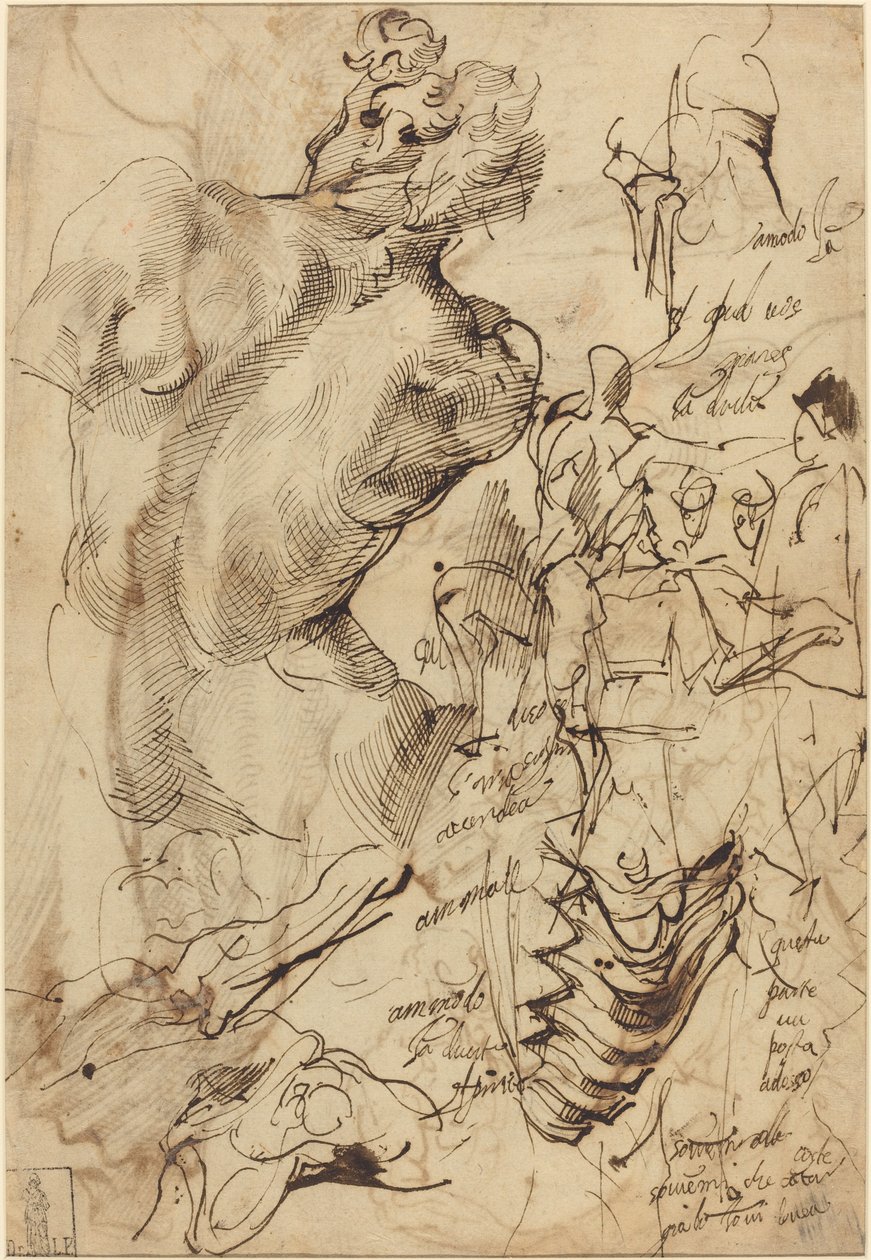 Studies of a Sculpture of a Male Nude, Vertebrae, and Gesturing Figures by Bartolomeo Passarotti