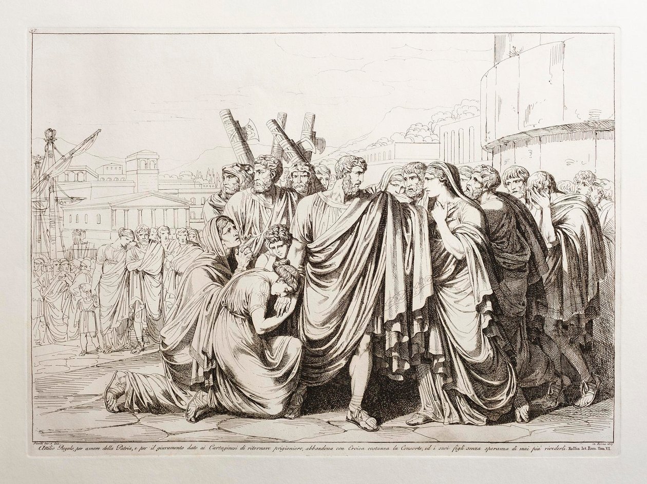 Attilio Regolo, for the Love of His Country, and for the Oath Given to the Carthaginians to Return as Prisoner, Abandons His Consort with Heroic Constancy, and His Children with No Hope of Ever Seeing Them Again by Bartolomeo Pinelli
