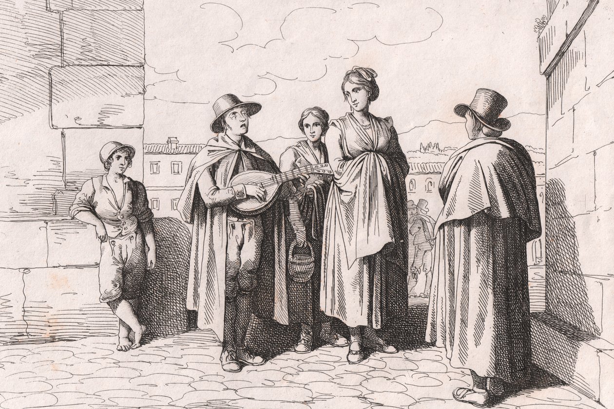 Blind Man Singing and Playing, etching by Bartolomeo Pinelli