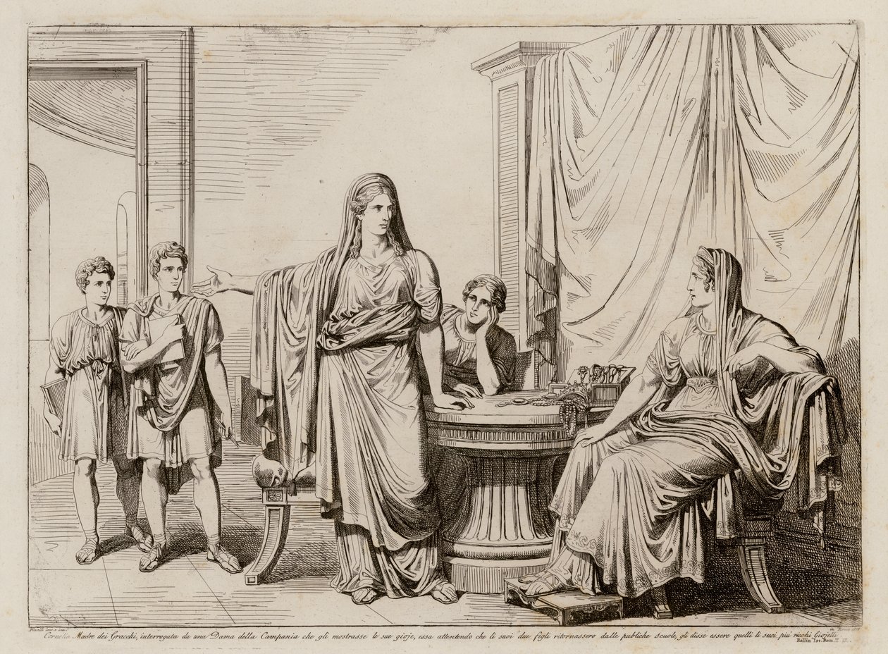 Cornelia, mother of the Gracchi, showing her sons as her jewels by Bartolomeo Pinelli