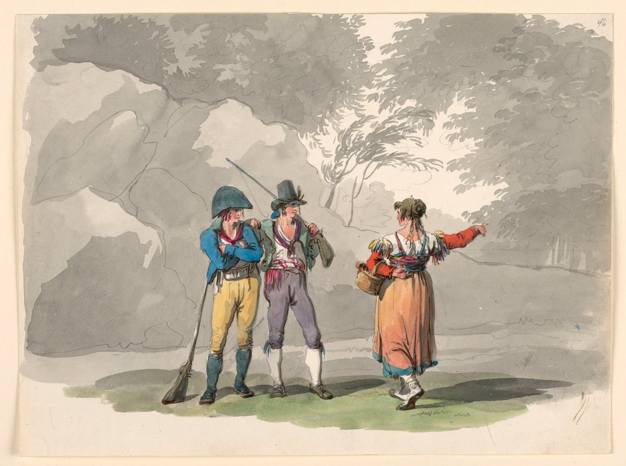 A Woman and Two Men with Guns. Costumes of the Kingdom of Naples, 1807–08 by Bartolomeo Pinelli