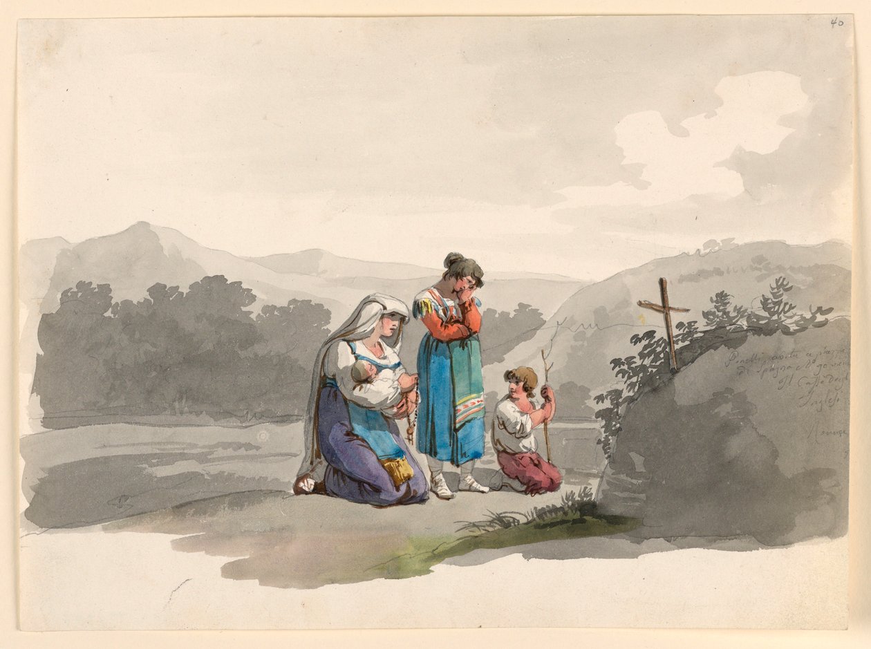 Woman with a Baby Praying Before the Cross Marking the Place Where Her Husband was Killed, 1807–08 by Bartolomeo Pinelli