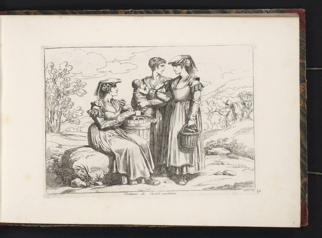 Three Women and a Child from Castel Madama (title on object: Costumes of Castel Madama) (series title: Costume Prints with Figures from Rome and Surroundings) (series title: New Collection of Fifty Costumes from the Surroundings of Rome) by Bartolomeo Pinelli