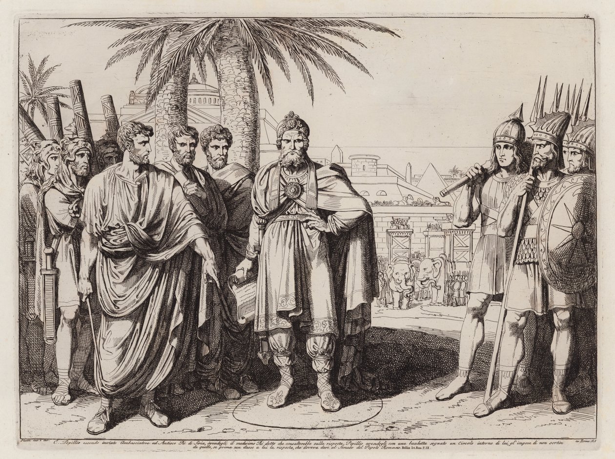 Gaius Popillius Laenas drawing a circle in the sand around Antiochus IV Epiphanes by Bartolomeo Pinelli