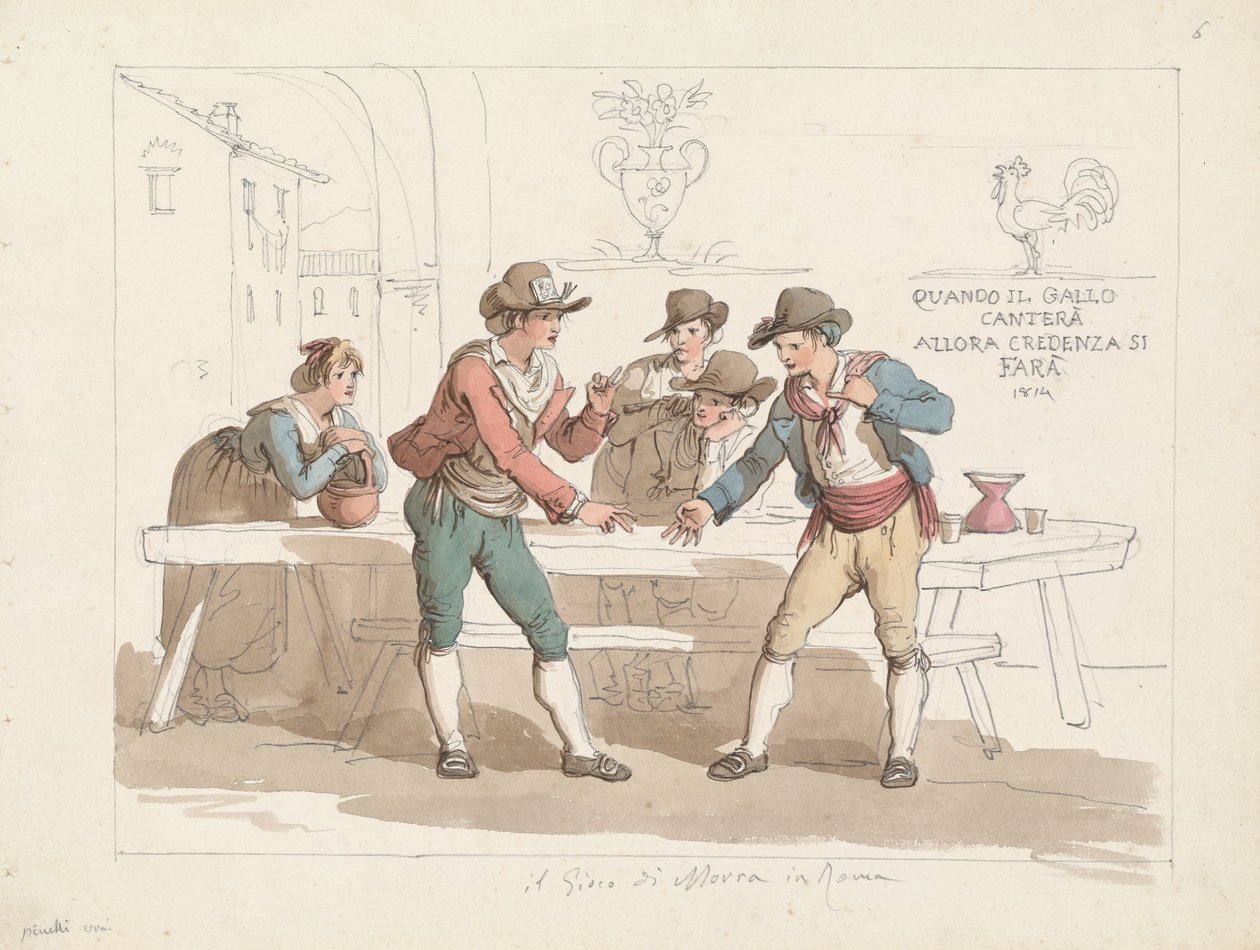 Playing the Game Morra in a Roman Osteria, illustration for Roman Costumes and Customs by Bartolomeo Pinelli