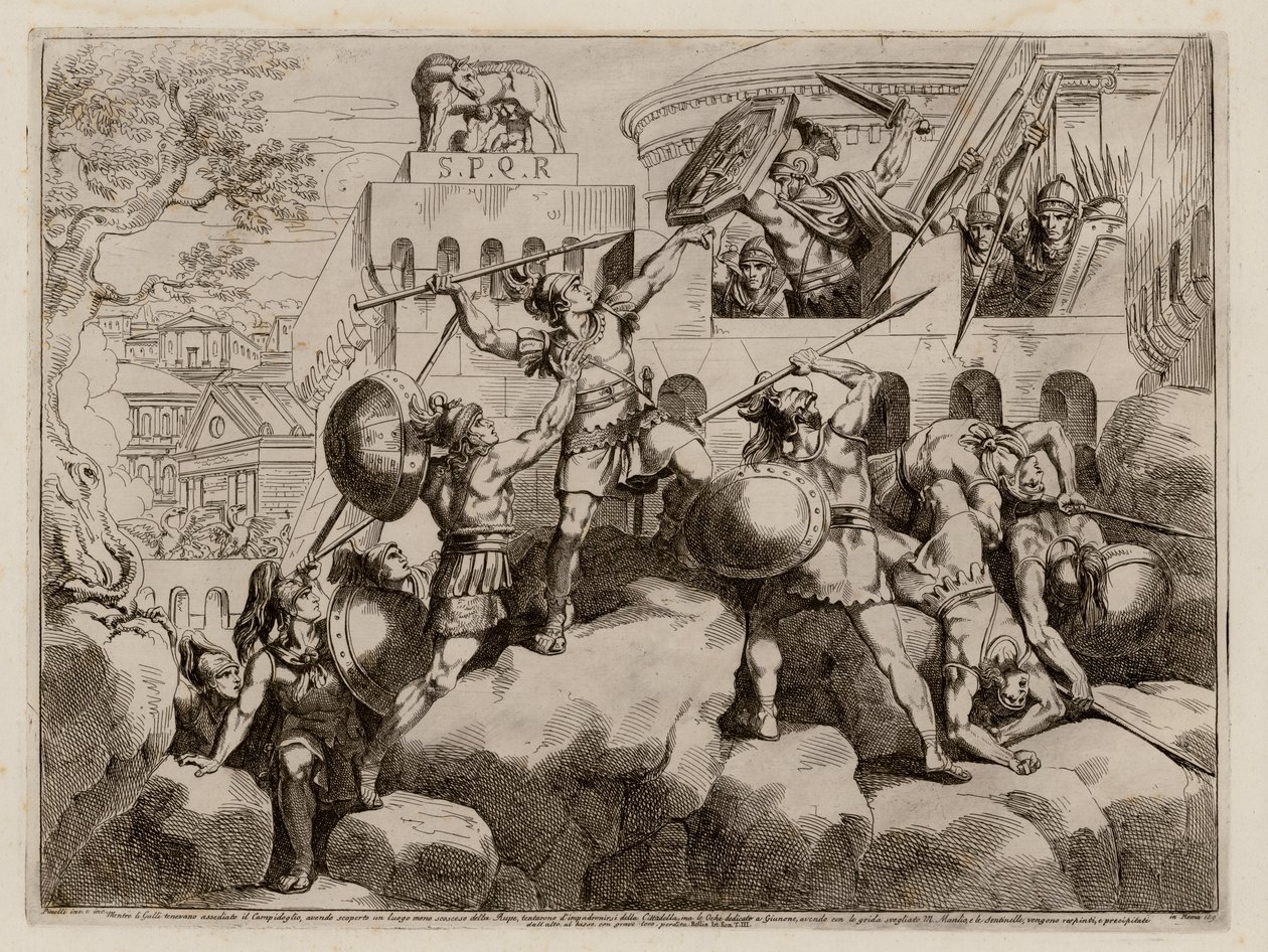 Romans defending the citadel against the Gauls after being warned by the Capitoline Geese, 390 BC by Bartolomeo Pinelli