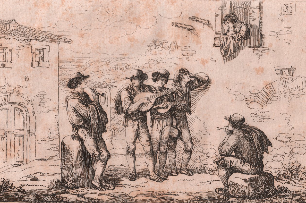 Serenade in Rome, etching by Bartolomeo Pinelli by Bartolomeo Pinelli