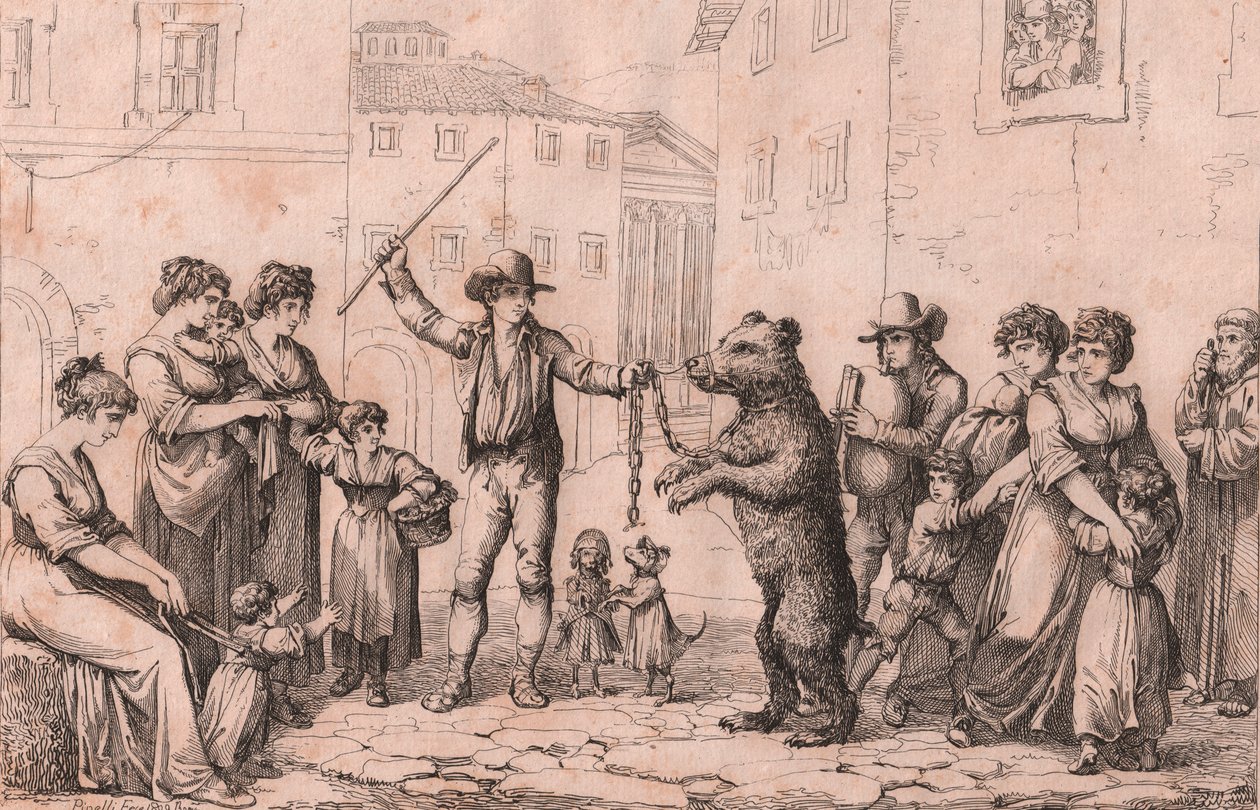 The Bear Dance in Rome, Etching by Bartolomeo Pinelli