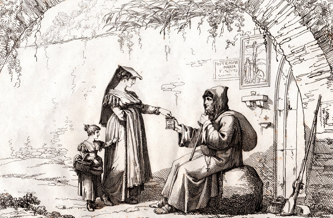 Woman from Frascati and a Hermit, Etching by Bartolomeo Pinelli by Bartolomeo Pinelli