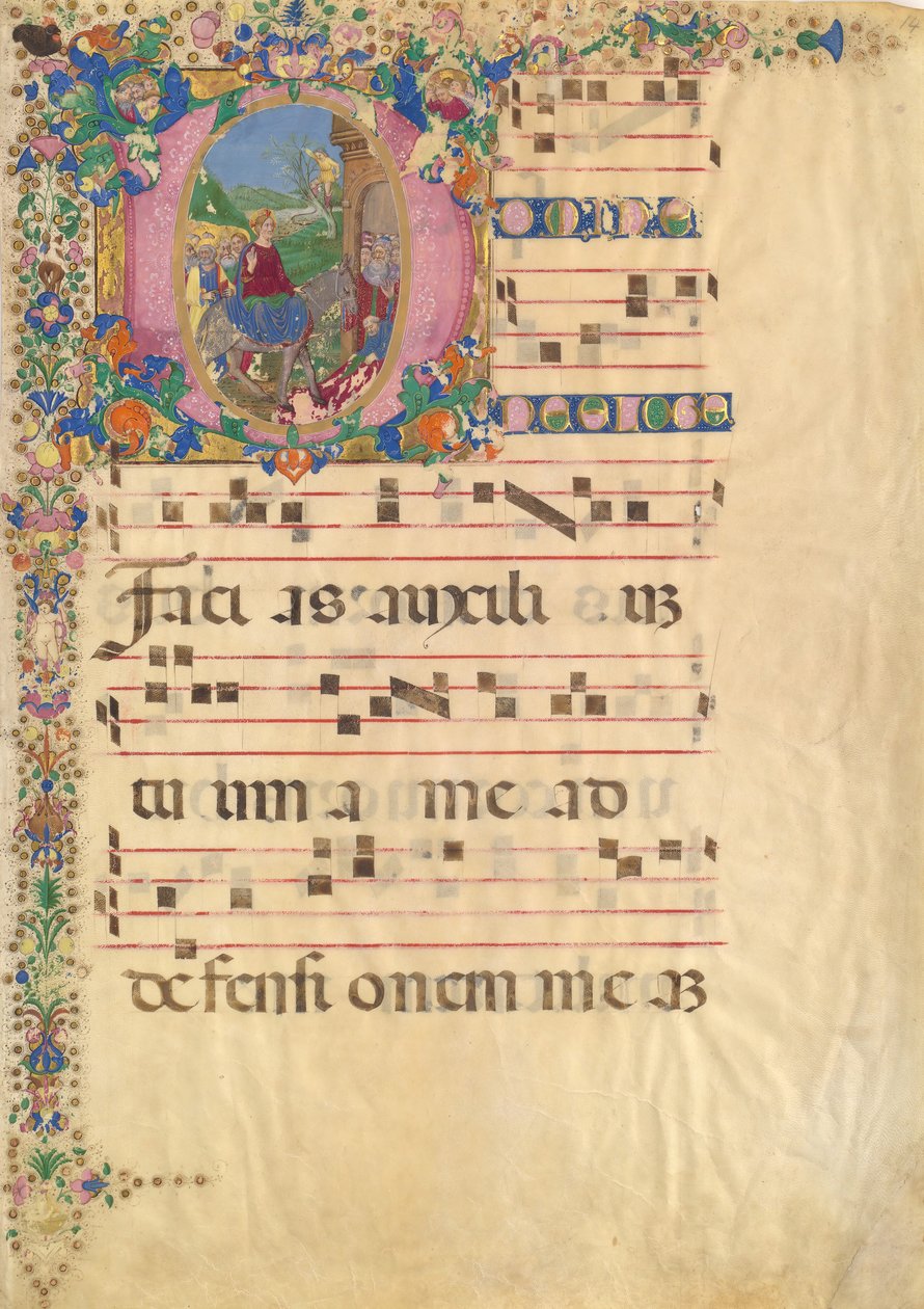 Manuscript Leaf with Entry into Jerusalem on Palm Sunday in an Initial D by Bartolomeo di Domenico di Guido
