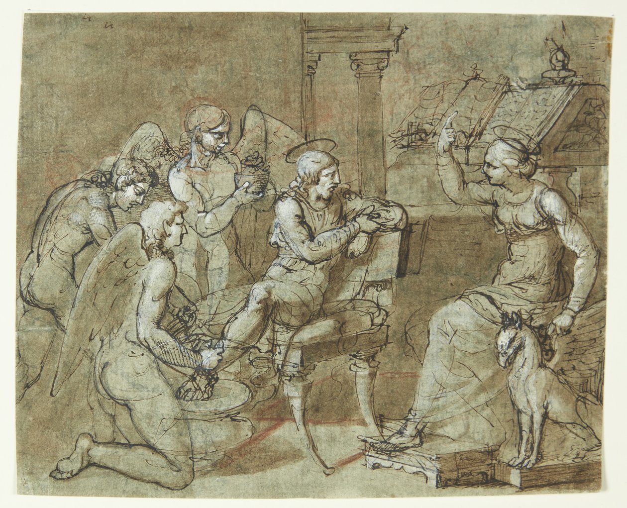 A Male Saint Washed and Cared for by Angels, While Listening to a Female Saint Sitting in Front of a Lectern and Pointing Upwards. St. Sebastian with St. Irene? by Bartolommeo Letterini